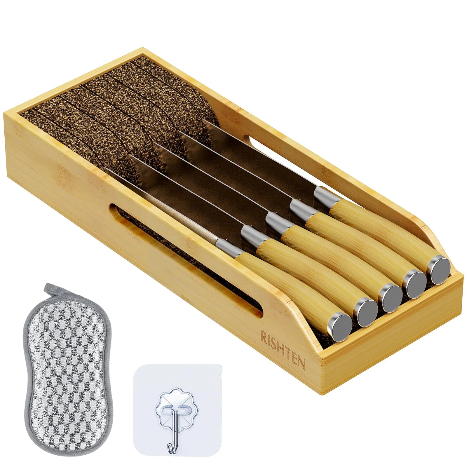 Kitchen Knife Drawer Organizer Protecting Bamboo Knife Knife Holder Drawer Insert Dock Knife Organizer Block Storage Holder Natural (Including Hooks&Sponges)