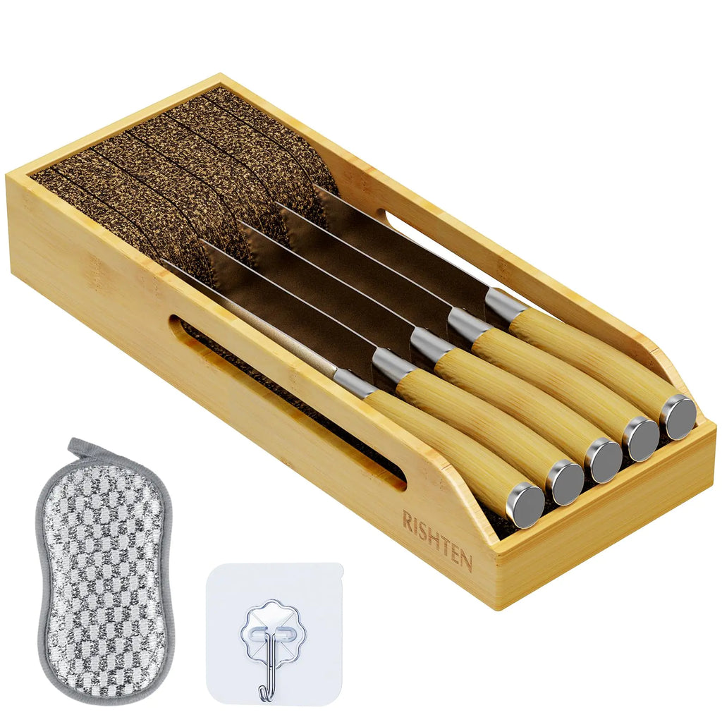 Kitchen Knife Drawer Organizer Protecting Bamboo Knife Knife Holder Drawer Insert Dock Knife Organizer Block Storage Holder Natural (Including Hooks&Sponges)