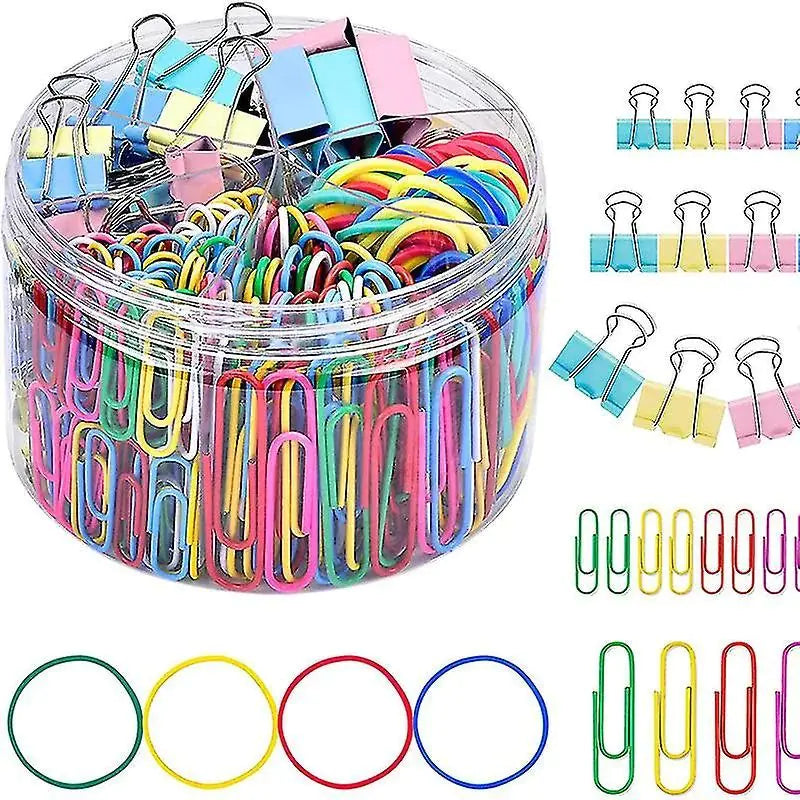 THE CEO's 240pc Colorful Mixed Paper Clips, Rubber Band, Binder Clips Stationery Set