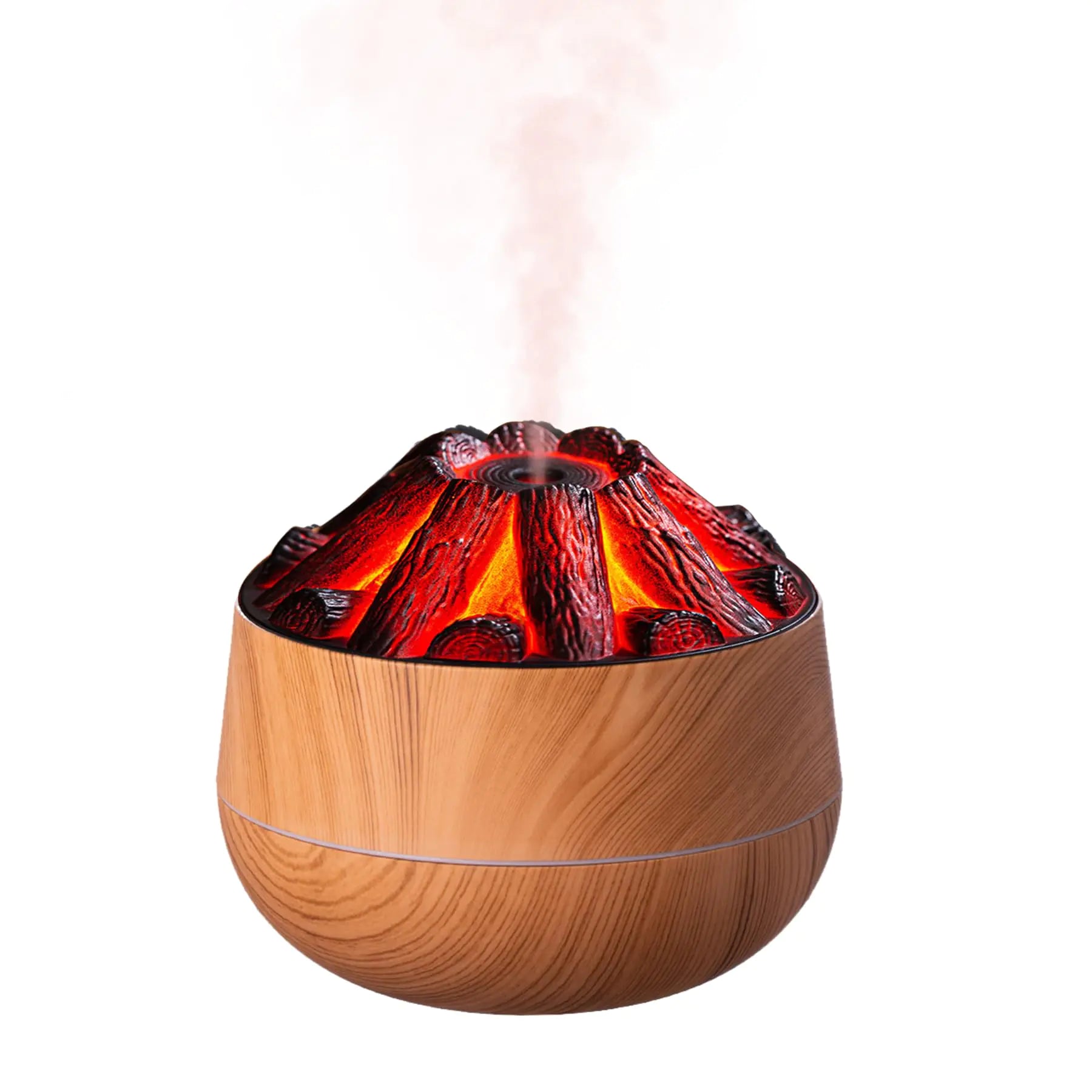 Volcano Humidifier Flame Essential Diffuser: 300ml Ultra-Quiet Auto-Off Aromatherapy Diffuser with 7 Colors Modes Changed Flame Light Humidifier for Home Office or Gym - Wood Grain